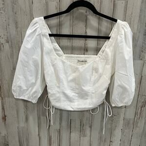 Abercrombie & Fitch White Puff Sleeve Square Neck Smocked Crop Top Womens Small